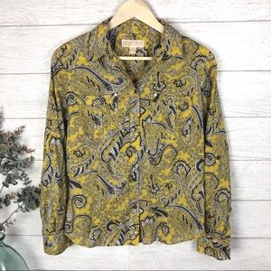 MICHAEL KORS Yellow Paisley Button Down Shirt Top